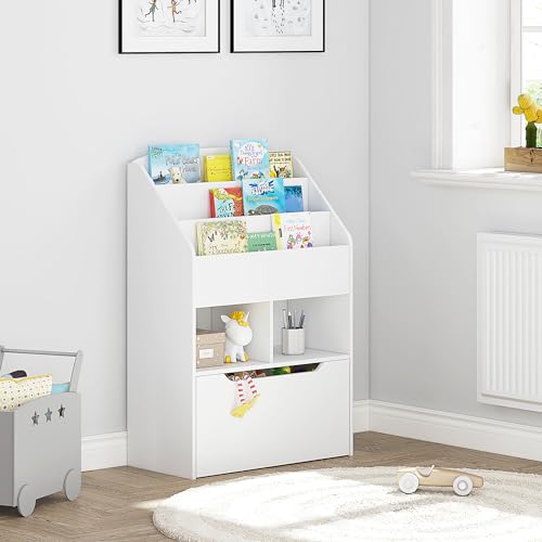 White Wooden Bookshelf with Toy Storage for Kids