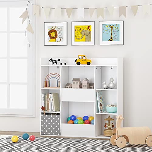 White Toy Storage Bookshelf with Cubbies and Bins